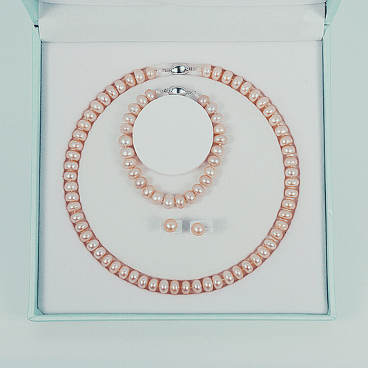 Georgian Jewellery Set 8 - 9 mm AAAA Pink Freshwater Pearls with 17' Strand