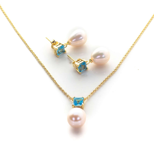 5 MM Swiss Blue Topaz Stone & 9 MM Cultured Freshwater Pearl Ankara Set