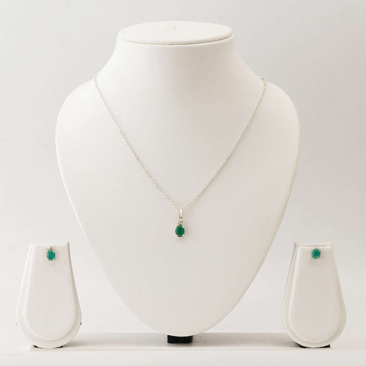 Oval Emerald Set with 1 CT Pendant and 1.5 CT Earrings in Italian Silver