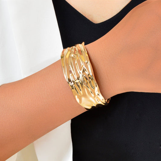 Stylish Golden Metal Wide Chunky Statement Open Cuff Bangle Geometric Jewelry
