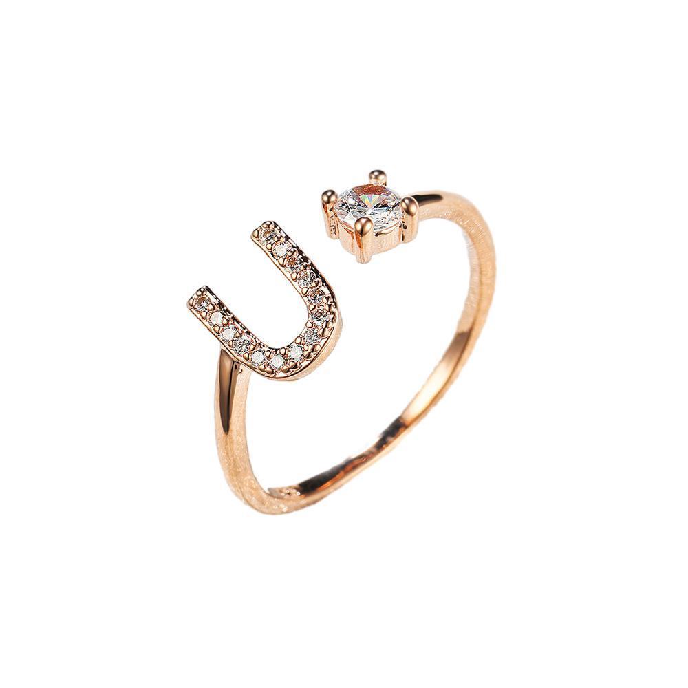 Adjustable Open Zircon Initial Ring A-Z Letters Fashion Womens Jewelry Gift