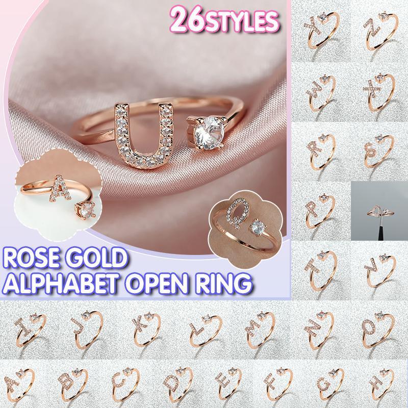 Adjustable Open Zircon Initial Ring A-Z Letters Fashion Womens Jewelry Gift