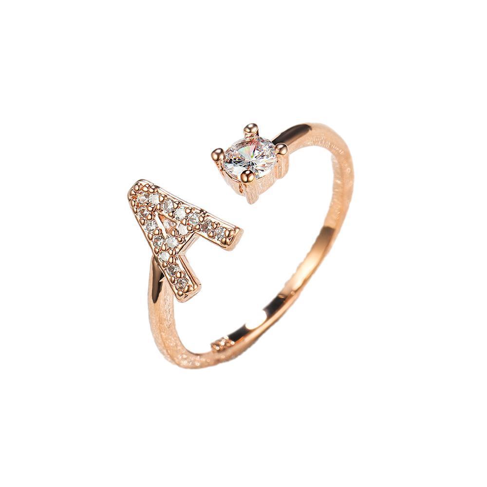 Adjustable Open Zircon Initial Ring A-Z Letters Fashion Womens Jewelry Gift