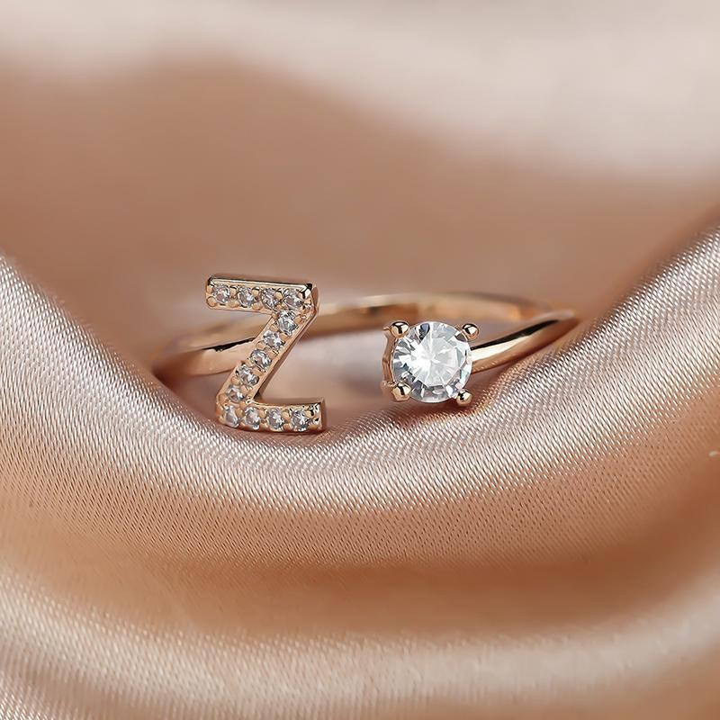 Adjustable Open Zircon Initial Ring A-Z Letters Fashion Womens Jewelry Gift